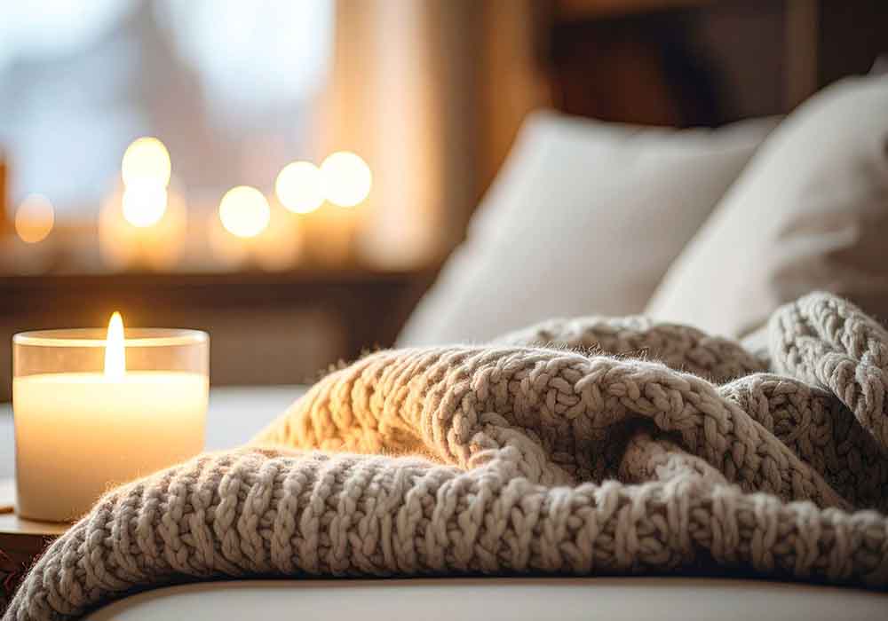 Blankets and a candle in a house