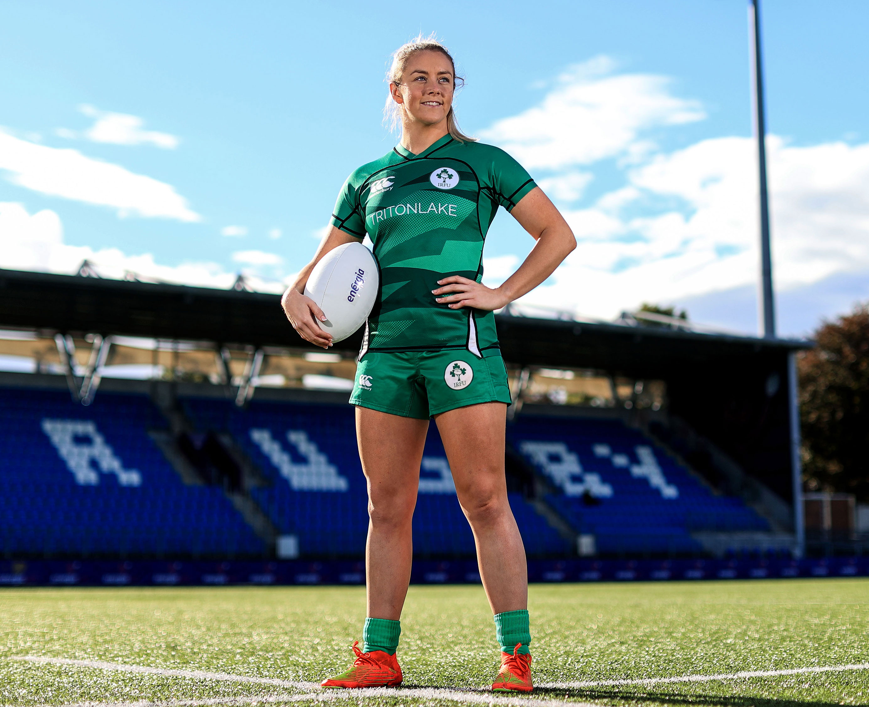 Female rugby player Stacey Flood holding a ball